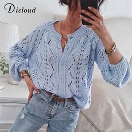 DICLOUD Blue Hollow Out Women's Cardigans Autumn Winter Round Neck Button Up Knitted Sweaters Ladies Fashion Knitwear 211011