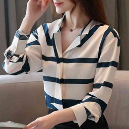 Fashion Woman Blouses Long Sleeve Striped Chiffon Blouse Women Shirts V-neck Office Ladies Blouse Women Tops Blusas B696 210426