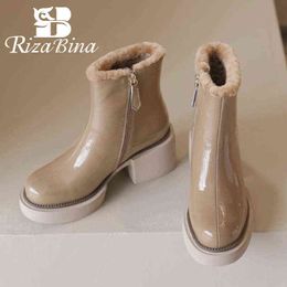 Dress Shoes Rizabina 2022 Women Fashion Real Leather Boots Thick Heels Platform Fur Warm Office Lady Ladies Footwear Size 34-39 2 9