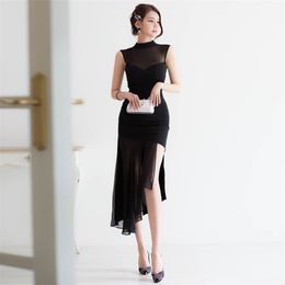 irregular Party Dress for women Summer korea Black Sleeveless Stand Lace hollow out Sexy Ladies Office Long Dresses 210602