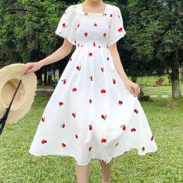 Kawaii Embroidery Puff Sleeve Dress Women Strawberry Vintage A-line White Square Neck Beach Korean Robe 14547 210521