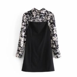 Spring Women Graffiti Printing Splicing Knitted Mini Dress Female Long Sleeve Clothes Casual Lady Loose Vestido D7387 210430