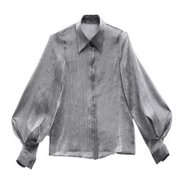 PERHAPS U Women High Street Turn Down Collar Puff Sleeve Long Sleeve Silver Shirt B0168 210529