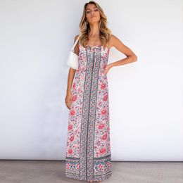 Floral Print Long Dresses For Women Vintage Sexy Sling Lace Up Sleeveless Tunic Summer Dress Female Bohemia Beach Vestidos 210507