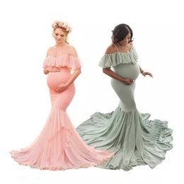 Maternity Dress Photography Sling Off Shoulder Chiffon Cotton Long Pregnancy Fish Tail Dress Baby Shower Dress For Photoshoot Q0713