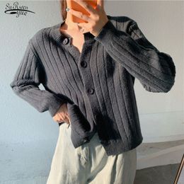 Autumn O-neck Stripped Knitted Cardigan Loose Lazy Lapel Bottoming Shirt Long Sleeve Single Breast Women Sweater Coat 11991 210521