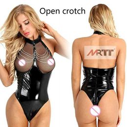 Erotic Sexy Crotchless Latex Catsuit Fishnet Clothing Open Crotch Jumpsuit Patent Leather Breast Exposing Bodysuit Lingerie Y0911