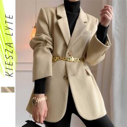 Autumn Woman's Suit Jacket Khaki Woolen Tickened Notched Blazer Jackets Female Fashion Ladies High Quality 210608