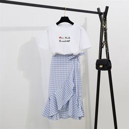 Summer Fashion O Neck Letter T-shirt + Ruffles Plaid Skirt Women's Two Pieces Sets Students Beautiful Suits A1086 210428