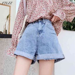 Summer Women Vintage Wide Leg Hole Blue Denim Shorts Casual Female Streetwear Loose High Wasit Jeans 210430