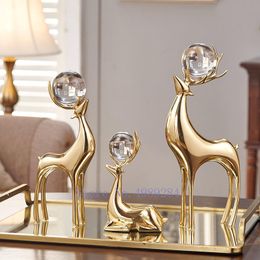 Decorative Objects & Figurines Aesthetic Luxury Metal Figurine Gold Copper Model Deer Crystal Ball Living Room Decor Home Decoration Accesso