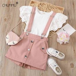 Summer Girl Clothes Set Hollow Flying Sleeve O-neck Top + Suspender Shorts 2Pcs Casual Kids Set For 1-6 Year Old Girls 210326