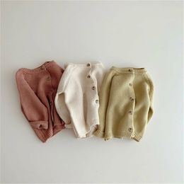 Korean style Autumn baby boys girls Winter knitted solid color cardigans Infant kids cute long sleeve sweaters 210508