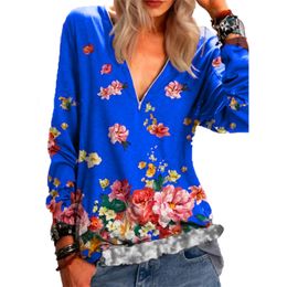 Spring Fashion Ladies Zipper V-neck Long Sleeve T Shirt Large Size Fall Women Casual Loose Streetwer Flower Print Pullover Mujer 210604