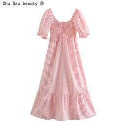 Holiday Style Puff Sleeve Dress Summer Pink Plaid Ruffle Belt Loose Mid-Length Vestido Female Elastic Fashion 210508