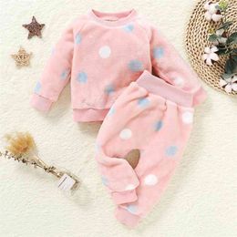 Arrival Autumn and Winter 2pcs Baby Girl Sweet Polka dot Baby's Sets winter warm clothes thick sweater Outfit 210528