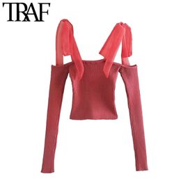 Women Fashion With Organza Straps Cropped Knitted Sweater Vintage Long Sleeve Female Pullovers Chic Tops 210507