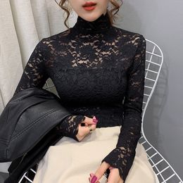 Spring Autumn Women Sexy Blouse Female Half High Collar Bottoming Shirt Feminine Slim Lace Mesh Beauty Tops