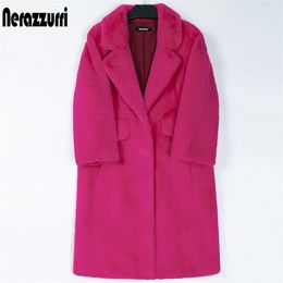 Nerazzurri Winter Long Pink faux fur coat women Lapel Warm Thick Black Soft Fluffy Jacket Loose Stylish Korean Fashion 211018
