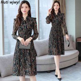 2021 Vintage 3XL Plus Size Floral Chiffon Midi Dresses Autumn Winter Print Long Sleeve Dress Elegant Women Bodycon Party Vestido X0521