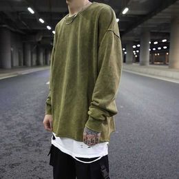 Men's Autumn Loose Vintage Washed Round Neck Sweatshirt High Street Distressed Thin Section Pullovers Pure Cotton Casual Hoodies C0607