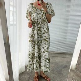Chic Elegant Back Hollow Out Lace Up Floral Square Collar Flying Sleeve Dress Women Print Loose Ruffled Retro Summer Fashion 210610