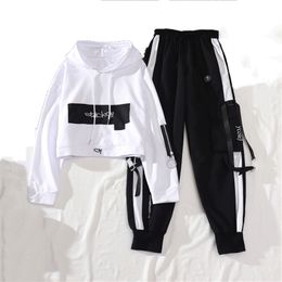 Spring Autumn Female Streetwear Cargo Pants Loose High Waist Joggers Women 2 Piece Long Sleeve Top With Casual Trousers 210925