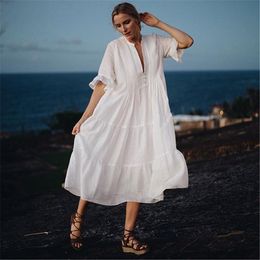 Elegant Flare Sleeve Beach Dress Plus Size Women Beachwear White Cotton Tunic Sexy Deep V-Neck Bathing Suit Cover-ups Sarong Sarongs