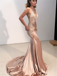 Lace Sexy Mermaid Dresses Long Prom Gown Spaghetti Straps Backless Sweep Train Shiny Satin Evening Party Dress for Women
