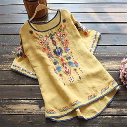 Summer Arts Style Women Short Sleeve Loose T-shirt Floral Embroidery Cotton Linen Vintage Tee Shirt Femme Tops Plus Siz S940 210512