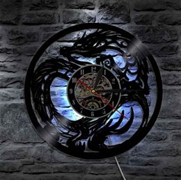 Wall Clocks Dragon Art Clock Battery Operated Modern Design Record With LED Lamp Home Living Room Decoration