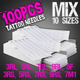 New 100pcs Disposable Tattoo Needles Mix Needles 10 Size 3RL 5RL 7RL 9RL 3RS 5RS 7RS 9RS 5F 7M1 For Tattoo Machine 210324