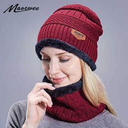 Women Men Scarf Hat Set Beanies Knitted Skullies Pure Colour Warm Plush Hats Autumn Winter Unisex Solid Color Outdoor