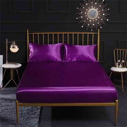 HOT Satin silk Fitted Sheet Pillowcase Bed Mattress Protector Cover White Black Grey Blue Purple Twin Queen King size Bedspread 201211