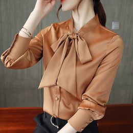 Fashion Woman Blouses Womens Clothing Chiffon Blouse Solid Bow Tie Collar Office Ladies Tops Long Sleeve Women Shirts B829 210602