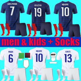 -2021 2022 hommes enfants griezmann mbappe football jerseys France Benzema Kits de football Pogba Thaauvin Chemises de football 20 21 PaVard Kante garçons adultes garçons complète ensemble de chaussettes uniforme