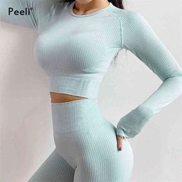 Peeli Ribbed Seamless Yoga Set Sport Suit Workout Clothes for Women Long Sleeve Gym Crop Top High Waist Leggings Fitness 210802