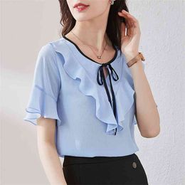 Women Spring Summer Style Chiffon Blouses Shirts Lady Casual Short Lotus sleeve Bow Tie Collar Tops The 210507