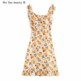 Chu Sau beauty Casual Chic Vintage Floral Print Sling Midi Dress Women Holiday Backless off Shoulder Summer Ladies Dresses 210508