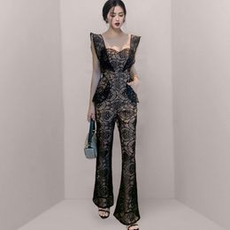 Sexy Lace Backless Women Square Collar Sleeveless Jumpsuits Ladies Elegant Fashion OL High Waist Slim Black Flare Rompers 210518