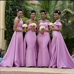 Elegent African Plus Size Pink Long Mermaid Bridesmaid Dresses Off Shoulder Satin Wedding Guest Wear Overskirts Party Dress Maid of Honour Gowns Custom Made