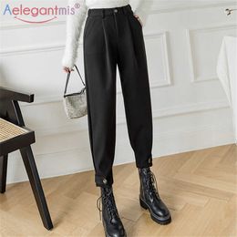 Aelegantmis Button Elastic High Waist Woollen Harem Pants Women Quality Elegant Thick Female Casual Loose Wool Trouser 210607