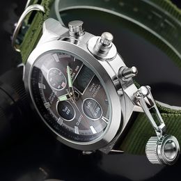 GOLDENHOUR Fashion Men Army Military Watch Mens Nylon Strap Sport Quartz Wristwatches Dual Display Waterproof Calendar Relogi 210517