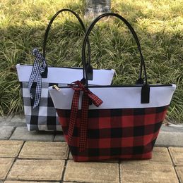 Black Red Buffalo Cheque Handbag with bow Cute Blanks Christmas Plaid Tote cotton Travel Tote Lunch Candy Gift Bags