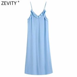 Zevity Women Sexy Pleat Ruffles V Neck Solid Casual Sling Midi Dress Female Chic Spaghetti Strap Summer Party Vestido DS8212 210603