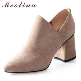 Meotina High Heels Women Pumps Kid Suede Zipper Block High Heel Shoes Genuine Leather Pointed Toe Shoes Female Black Size 34-39 210608