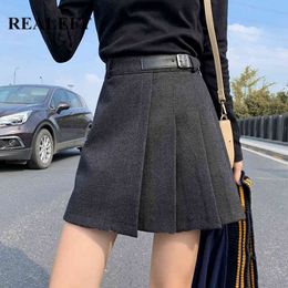 Autumn Winter Solid Woolen Pleated Women's A-Line Skirts Chic High Waist Skater Sexy Mini Female Pockets 210428