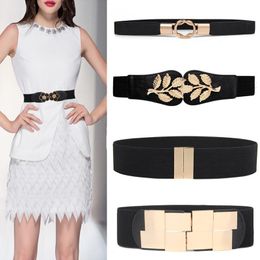 Belts Wide Elastic Waist Belt Black Women Stretch Waistband Dress Corset Waistbands Fashion Gold Leaf Metal Buckle For Skrit