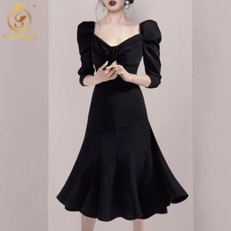 Spring Sexy V Neck Vintage Puff Sleeve Black Dress Women Temperament Elegant Trumpet Mermaid Vestidos 210520