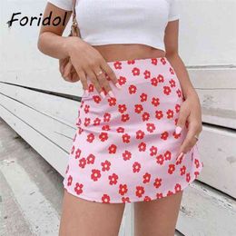 Flower print satin skirts for women summer autumn beach female A line mini short pink floral faldas 210427